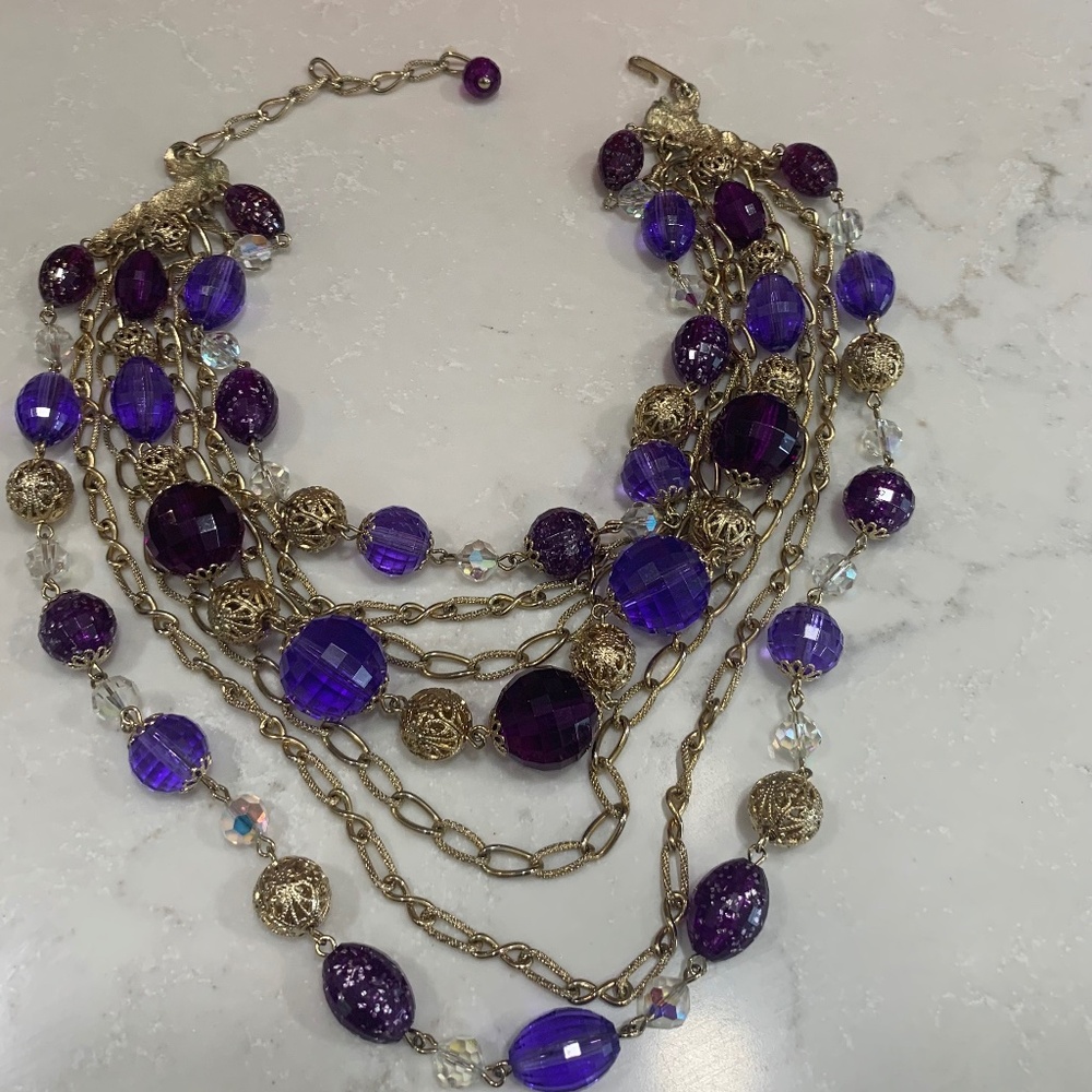 Vintage Multi Strand Gold Tone w/Purple Necklace